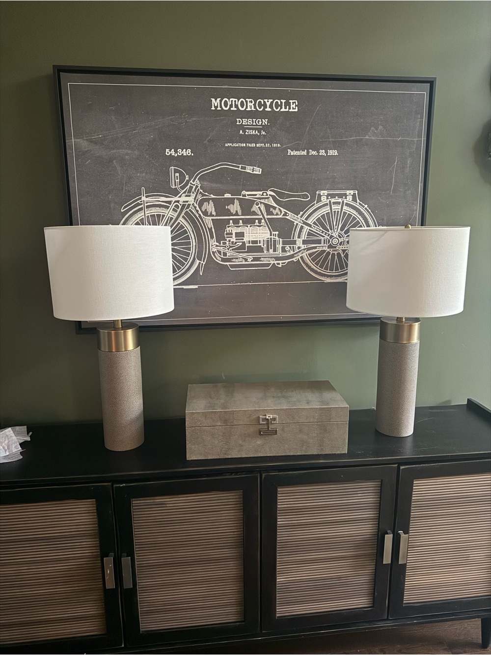 Modern Gray Table Lamps AND matching storage/display box with tray insert.